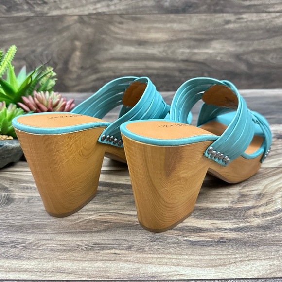 NIB Lucky Brand Tellimi 8.5M Platform Wedge Woven Leather Studded Sandals Blue - Picture 7 of 10